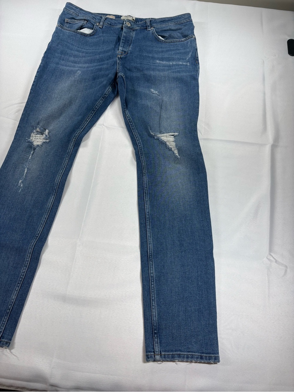 Topman Stretch Skinny Distressed Jeans Blue Ripped Denim - Picture 3 of 8